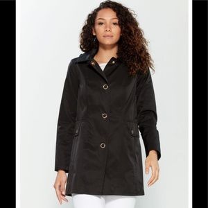 NWT Anne Klein Black Snap Front Hooded Raincoat
